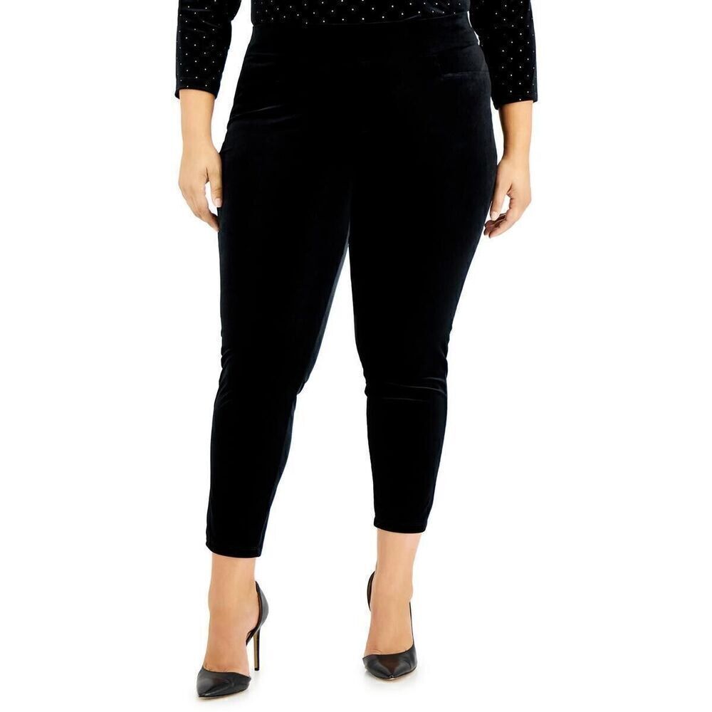 Anne Klein Womens Velour Plus Size Slim-Leg Ankle Pant Pull-On Anne Black Sz 3X